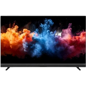 Vestel 65QMG9950 Ultra HD 4K QLED televizyon, renkli duman desenli ekranıyla önden görünüm