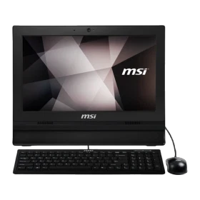 MSI PRO 16T 10M-001XEU siyah masaüstü bilgisayar, klavye ve fareyle birlikte önden görünüm