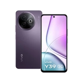Mor Vivo Y39 5G akıllı telefonun vitrin görünümü, arka kamera modülü ve ön ekran tasarımı