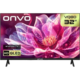 Onvo 32VQ80F3HA HD Ready HD TV, siyah çerçeveli LED televizyon; ekranda pembe çiçek görüntüsü