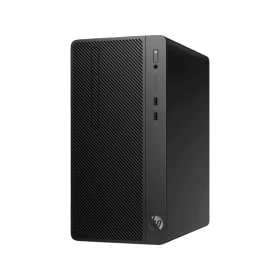 HP 290 G2 5FY79EA masaüstü bilgisayar, siyah kasası ve ön panel bağlantılarıyla önden görünüm