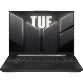 Koyu gri Asus TUF Gaming F16 FX607VJA52-RL033A52 oyuncu laptop, arka aydınlatmalı TUF logosu görünüyor