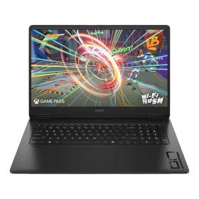 HP OMEN Gaming 17-db1022nt siyah oyuncu laptop; RGB oyun ekranıyla açık renkli vitrin görünümü.