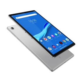 Lenovo Tab M10 FHD Plus TB-X606F açık gri tablet, ön görünüm ve mavi ekran arayüzü ile vitrinde
