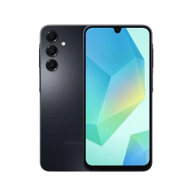 Samsung Galaxy A16 5G siyah akıllı telefonun ön ekranı ve üçlü arka kamerasını gösteren vitrin çekimi