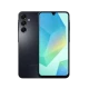 Samsung Galaxy A16 5G siyah akıllı telefonun ön ekranı ve üçlü arka kamerasını gösteren vitrin çekimi