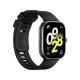 Siyah Xiaomi Redmi Watch 4 akıllı saat, dikdörtgen ekranı ve silikon kordonuyla önden görünüyor