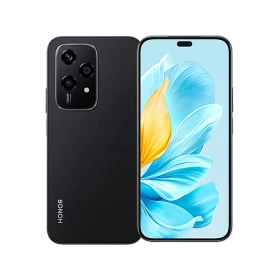 Honor 200 Lite siyah akıllı telefon, ön ekran ve arka kamera modülüyle vitrin görünümü