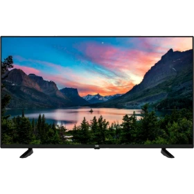 Beko B43 A 800 B Ultra HD 4K TV, siyah çerçeveli ekranında dağ ve göl manzarası