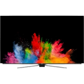 Beko B55 OLED A 950 B Ultra HD 4K TV, ince siyah çerçeveli ekran ve renkli patlama görüntüsü