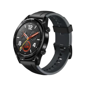 Huawei Watch GT Sport 46.5 mm siyah akıllı saat, yuvarlak kadran ve silikon kayış tasarımıyla önden görünür