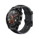 Huawei Watch GT Sport 46.5 mm siyah akıllı saat, yuvarlak kadran ve silikon kayış tasarımıyla önden görünür