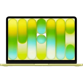 Apple MacBook Neo sarı laptop, önden açık konumda ana ürün görünümü ve canlı ekran tasarımı