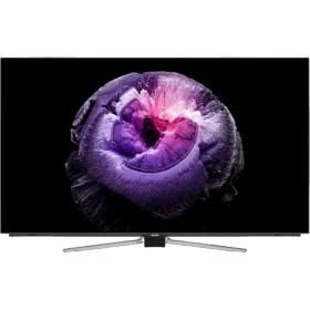 Arçelik A55 OLED C 970 B Ultra HD 4K TV, siyah çerçeveli ekranında mor çiçek görüntüsüyle