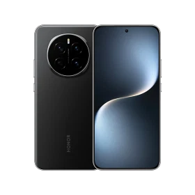 Honor Magic 7 siyah akıllı telefon, ön ekran ve arka kamera modülüyle vitrin görünümü