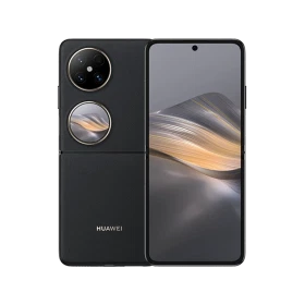 Huawei Pocket 2 siyah katlanabilir akıllı telefonun ön ve arka yüzü, çift halka kamera modülüyle birlikte