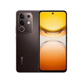 Vivo Y300t kahverengi akıllı telefon, ön ekran ve arka kamera modülüyle önden-arkadan görünüm