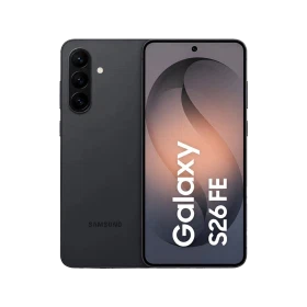 Samsung Galaxy S26 FE siyah akıllı telefon, arkadan ve önden görünümle tasarım detayları vurgulanıyor