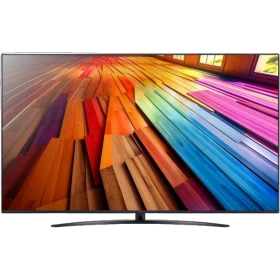 LG 86UT81006LA Ultra HD 4K LED televizyon, canlı renkli ahşap görsellerle vitrin ekranı, genel renk.