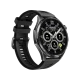 Siyah Honor Watch 6 akıllı saat, yuvarlak ekranı ve silikon kordonuyla önden üç çeyrek açıyla gösteriliyor.