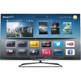Philips 55PFL6188K Full HD LED TV ekranında SmartTV arayüzü, uygulama menüleri ve genel siyah çerçeve görünüyor