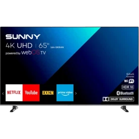 Sunny SN65FOT240 Ultra HD 4K TV, siyah ekranlı 65 inç akıllı televizyon kapalı ekranda görüntüleniyor