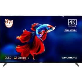 Grundig 55 GQ 650 Ultra HD 4K televizyon, siyah çerçeveli QLED Google TV tasarımıyla önden görünüm