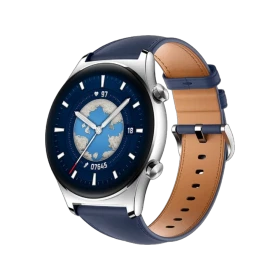 Honor Watch GS 3 gümüş akıllı saat, lacivert ve kahverengi kayışıyla kadranı önden gösteriliyor