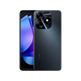 Tecno Spark 10 siyah akıllı telefon, ön ekran ve arka üçlü kamera tasarımıyla vitrin görünümü