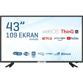 Onvo OV43400 43 inç Full HD LED televizyon, siyah çerçeveli ve ayaklı tasarımıyla önden görünüm