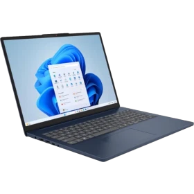 Lenovo IdeaPad Slim 3 83K2001RTRCB1 mavi iş ve ofis laptopu, açık ekranlı önden çapraz görünüm