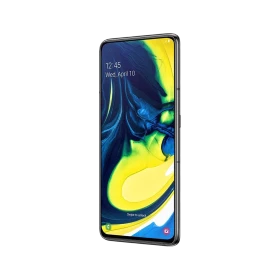 Samsung Galaxy A80 siyah akıllı telefon, ince çerçeveli tam ekran tasarımıyla önden görünüm