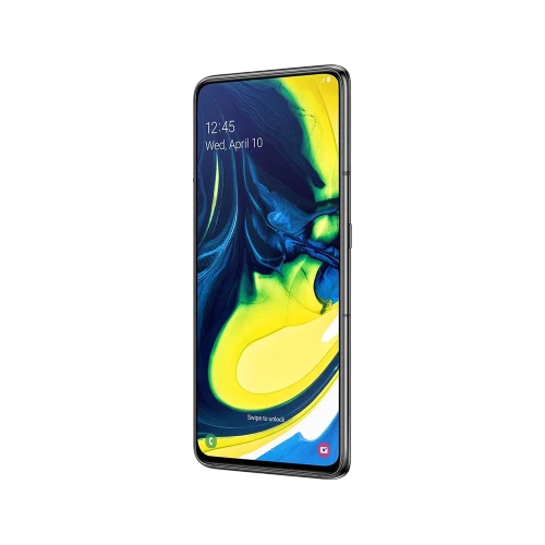 Samsung Galaxy A80 siyah akıllı telefon, ince çerçeveli tam ekran tasarımıyla önden görünüm