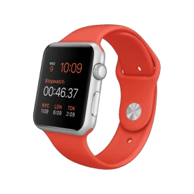 Apple Watch Sport 42 mm gümüş alüminyum kasa ve turuncu spor kordonlu akıllı saat görünümü