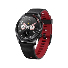 Honor Watch Magic siyah akıllı saat, yuvarlak ekranı ve kırmızı iç yüzeyli kayışıyla önden görünür.