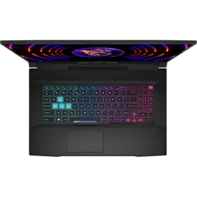 MSI Katana 17 B13VGK-898TR siyah oyuncu laptop, açılmış klavye ve RGB arayüz ışık efekti görünüyor