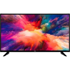 Vestel 55UD8350 Ultra HD 4K LED televizyon, siyah çerçeveli ekranında renkli soyut görüntü.