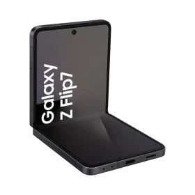 Siyah Samsung Galaxy Z Flip7 katlanabilir akıllı telefon, açık konumda ekran ve menteşe detayıyla görünüm