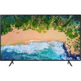 Samsung 75NU7100 Ultra HD 4K LED televizyon; deniz manzaralı canlı ekran görüntüsü, genel renkli vitrin ürünü