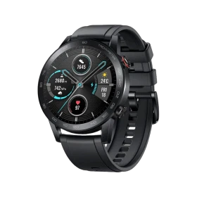 Honor MagicWatch 2 Sport 46mm siyah akıllı saat, yuvarlak ekranı ve silikon kordonuyla önden görünüm