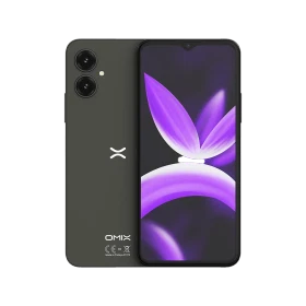 Omix X5 siyah akıllı telefon, ön ve arka görünüm; çentikli ekran ve çift arka kamera tasarımı