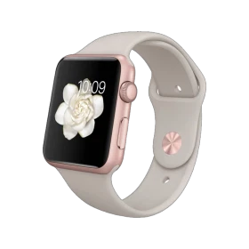Apple Watch Sport 42 mm pembe altın alüminyum kasa ve taş rengi spor kordon, çiçek ekranlı akıllı saat