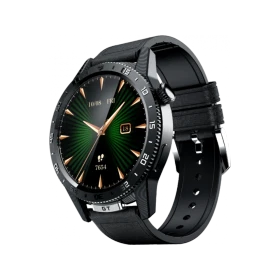 Tecno Watch GT gümüş akıllı saat, siyah kayışlı yuvarlak kadranı ve şık metalik kasasıyla önden görünüm
