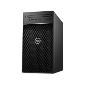 Dell Precision T3640 masaüstü bilgisayarın siyah kasası, önden ve yandan görünümü