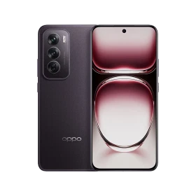 Oppo Reno 12 siyah akıllı telefon, ön ekran ve arka üçlü kamera tasarımıyla vitrin görünümü