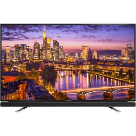 Grundig 55 VLE 6565 BL Full HD LED televizyon, şehir manzarası gösteren siyah ekranıyla önden görünüm