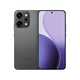 Oppo Reno 14 Pro gri akıllı telefonun ön ekran ve arka kamera modülünü gösteren vitrin çekimi