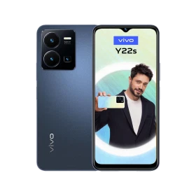 Vivo Y22s mavi akıllı telefon, ön ekran ve arka kamera modülü görünümüyle vitrin çekimi