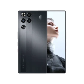 Siyah Nubia RedMagic 11 Pro akıllı telefon, ön ekranı ve çoklu arka kamera tasarımıyla vitrin görünümü