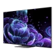 TCL 55C835 Ultra HD 4K LED televizyon, siyah ekranda parlak mor dijital görüntü ile önden görünüm